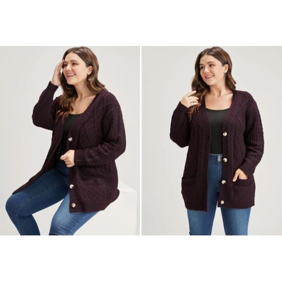 BloomChic Cable Knit Spacedye Pocket Button Front Cardigan Maroon Burgundy Sz 1X - Picture 1 of 10